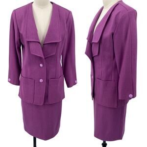 Vintage 70s Skirt Suit Double Lapel Collared Blazer Pencil Skirt Purple Womens 4